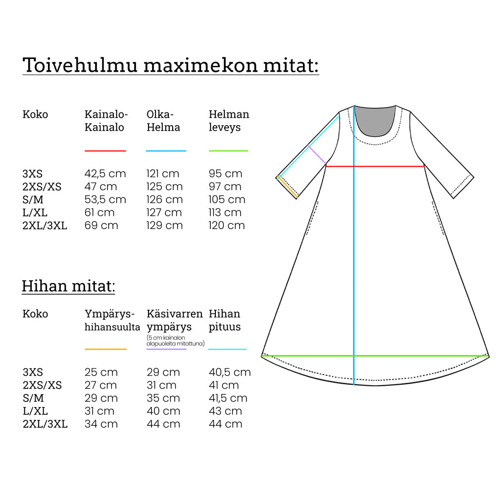 Virkkukoukkusen Toivehulmu trikoomekon mittataulukko jonka avulla on helppoa löytää oma koko